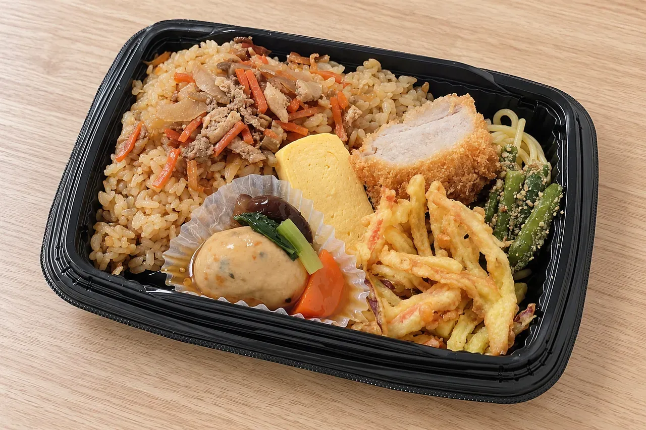 公式の商品画像を基に、ヒレカツ入りの現行のおかず構成を保って背景を編集した鶏めし御飯幕の内のAI生成画像