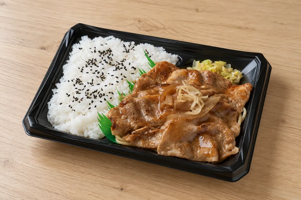公式の商品画像を基に、豚肉と白飯の量を保って背景と撮影角度を編集した炙り豚生姜焼弁当のAI生成画像