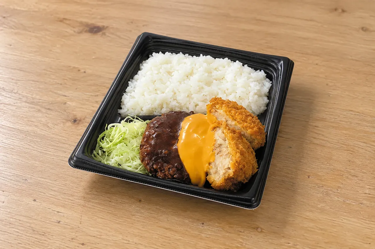 公式の商品画像を基に、コロッケとハンバーグとチーズソースの量を保って背景を編集したAI生成画像