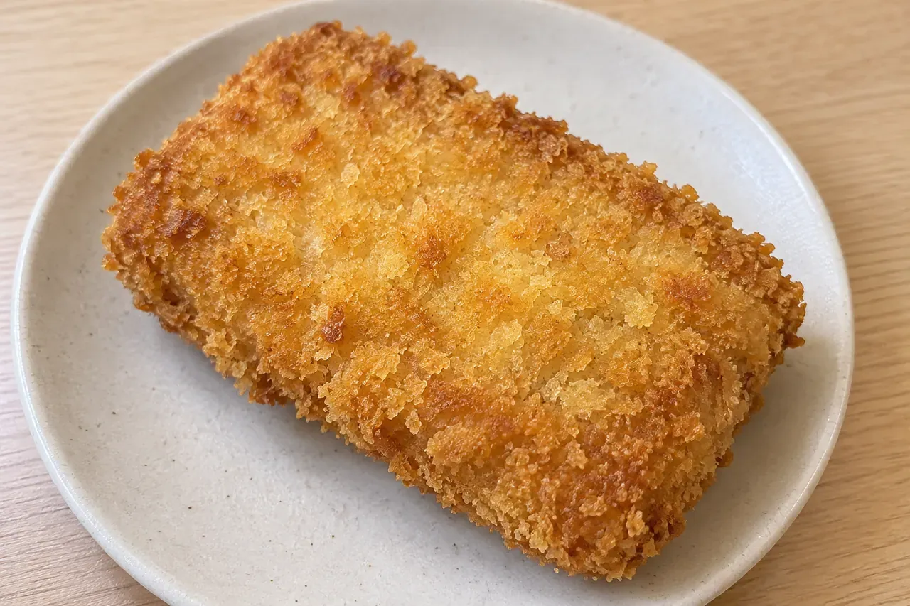 投稿の衣の見た目を参照し、木目の食卓の皿に置いたミルフィーユチキンカツのAI生成画像
